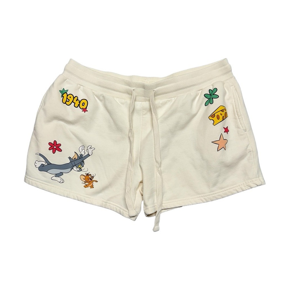 Tom & Jerry Graphic Shorts Cream Pull On 4" Inseam Size XXL Elastic Waist Casual